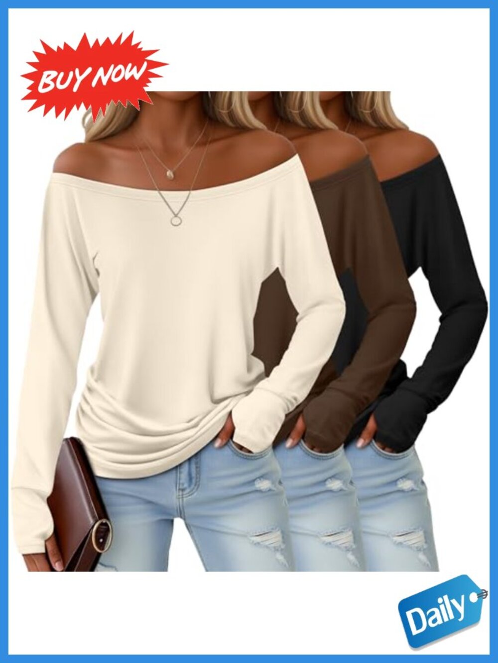 Women's Boat Neck Long Sleeve T-Shirt 3 Pack Thumbhole Loose Fit